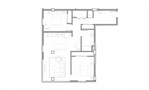 Floor plan for 2 beds, 1 bath, 879 sqft